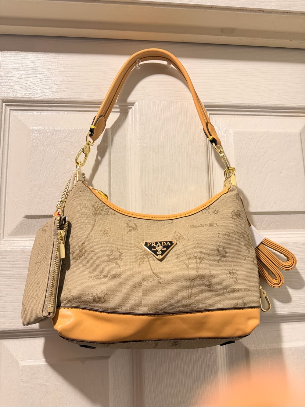 Beige Shoulder Bag with Tan Trim and Gold Hardware